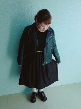 「ぽっちゃりコーデ」｜「アイテム（ライダースジャケット）」を使った、ASAMIさん（レディース・154cm）の冬コーディネート