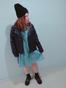 「ぽっちゃりコーデ」｜「アイテム（ライダースジャケット）」を使った、ASAMIさん（レディース・154cm）の春コーディネート