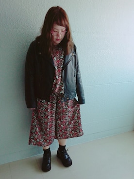 「ぽっちゃりコーデ」｜「アイテム（ライダースジャケット）」を使った、ASAMIさん（レディース・154cm）の春コーディネート