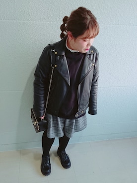 「ヘアアレンジ」｜「アイテム（ライダースジャケット）」を使った、ASAMIさん（レディース・154cm）の冬コーディネート