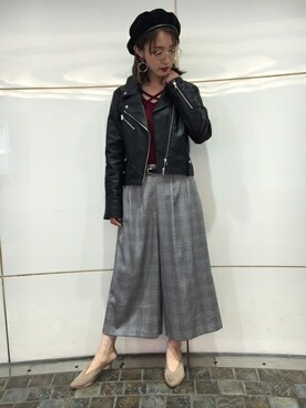 「ガウチョパンツ」｜「アイテム（ライダースジャケット）」を使った、INGNI（イング）さん（レディース・158cm）の秋コーディネート