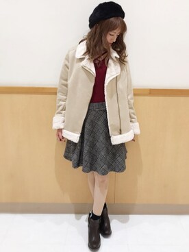 「グレンチェック」｜「アイテム（ムートンコート）」を使った、INGNI（イング）さん（レディース・157cm）の秋コーディネート