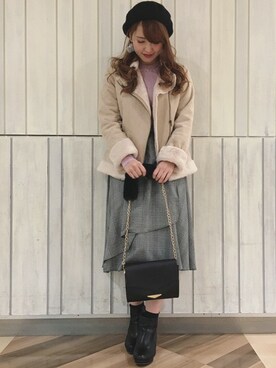 「グレンチェック」｜「アイテム（ムートンコート）」を使った、INGNI（イング）さん（レディース・163cm）の秋コーディネート