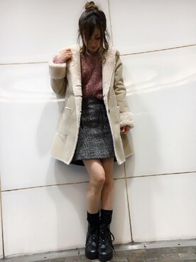 「グレンチェック」｜「アイテム（ムートンコート）」を使った、INGNI（イング）さん（レディース・158cm）の冬コーディネート