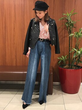 「マリン」｜「アイテム（ライダースジャケット）」を使った、INGNI（イング）さん（レディース・158cm）の冬コーディネート