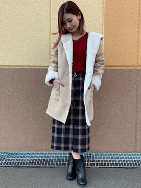 「リブニット」｜「アイテム（ムートンコート）」を使った、INGNI（イング）さん（レディース・157cm）の秋コーディネート