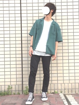 「SENSE OF PLACE by URBAN RESEARCH（センスオブプレイスバイアーバンリサーチ）のモダールオープンカラーシャツ(5分袖)（シャツ/ブラウス、グリーン系）」を使った、しゅんじさん（メンズ・175cm）の春コーディネート