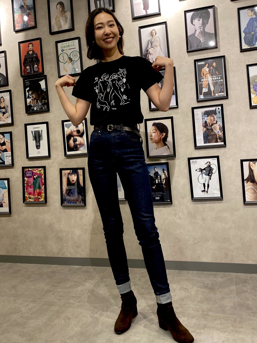 「今日のコーデ、大人カジュアル、お洒落さんとつながりたい、ブーツ、ootd、パンツスタイル、デニムパンツ、アニエスベー、ハイク、ラフスタイル」｜「petite robe noireの●ピアス（ピアス（両耳用）、ゴールド系）」を使った、hoyanさん（レディース・174cm）の秋コーディネートの1枚目の写真