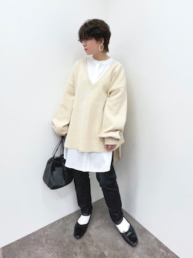 「Ambre Neige（アンブルネージュ）のバンドカラールーズチュニックシャツ／【WEB/EC限商品定商品】（シャツ/ブラウス）」を使った、naraさん（レディース・152cm）の冬コーディネート
