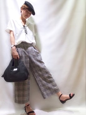 「スキッパーシャツ」｜「アイテム（ハンチング/ベレー帽）」を使った、youさん（レディース・160cm）の夏コーディネート
