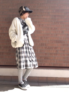 「チェックワンピース」｜「アイテム（ノーカラージャケット）」を使った、youさん（レディース・160cm）の秋コーディネート