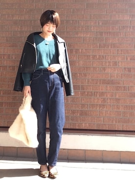 「アイテム（ライダースジャケット）」を使った、youさん（レディース・160cm）の秋コーディネート