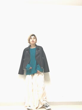 「BLACK BY MOUSSY（ブラックバイマウジー）のアイテム（ライダースジャケット）」を使った、nanakimuraさん（レディース・155cm）の秋コーディネート