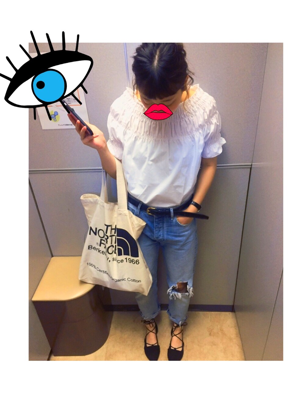 「カジュアル」｜「THE NORTH FACEのTHE NORTH FACE TNF ORGANIC C TOTE (17SU)（トートバッグ、ホワイト系）」を使った、バラバラさん（レディース・158cm）の夏コーディネートの1枚目の写真