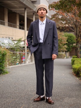 「ニットキャップ」｜「アイテム（スラックス）」を使った、飯島葵さん（メンズ・176cm）の秋コーディネート
