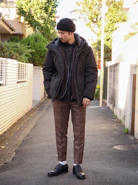 「ニットキャップ」｜「アイテム（スラックス）」を使った、飯島葵さん（メンズ・176cm）の秋コーディネート