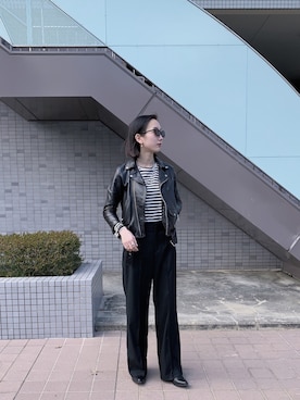 「ボーダートップス」｜「アイテム（ライダースジャケット）」を使った、k.aさん（レディース・165cm）の春コーディネート