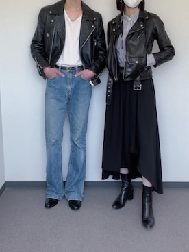 「カップル」｜「アイテム（ライダースジャケット）」を使った、k.aさん（レディース・165cm）の春コーディネート