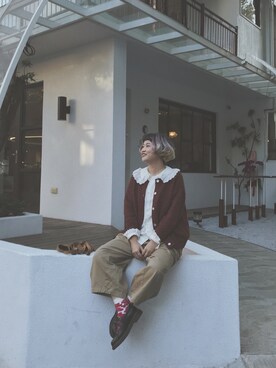 「TSUHARU by Samansa Mos2（ツハルバイサマンサモスモス）の麻ウールニット柄編みカーディガン（ニット/セーター、ブラウン系）」を使った、yukiiichang1029さん（レディース・158cm）の夏コーディネート