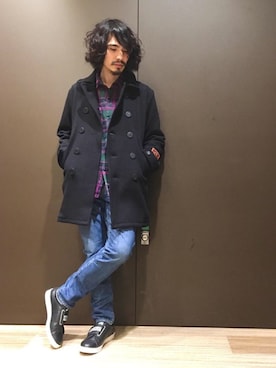 「スリッポン」｜「アイテム（ピーコート）」を使った、ikechanさん（メンズ・171cm）の冬コーディネート