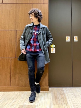 「チェック柄」｜「アイテム（ピーコート）」を使った、ikechanさん（メンズ・171cm）の冬コーディネート