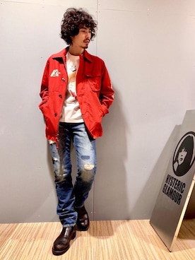 「アイテム（ミリタリージャケット、レッド系）」を使った、ikechanさん（メンズ・171cm）の冬コーディネート