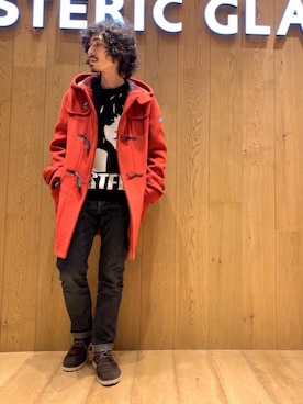 「アイテム（ダッフルコート、レッド系）」を使った、ikechanさん（メンズ・171cm）の秋コーディネート