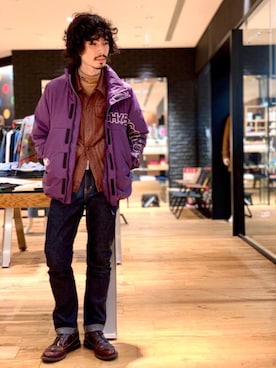 「アイテム（ナイロンジャケット、パープル系）」を使った、ikechanさん（メンズ・171cm）の秋コーディネート