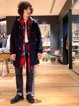 「チェックマフラー」｜「アイテム（ダッフルコート）」を使った、ikechanさん（メンズ・171cm）の秋コーディネート
