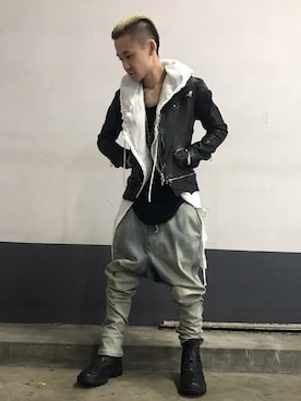 「アイテム（ライダースジャケット）」を使った、yoshiaki matsufujiさん（メンズ・165cm）の冬コーディネート
