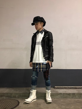 「ISAMU KATAYAMA BACKLASH（イサムカタヤマバックラッシュ）のアイテム（帽子）」を使った、yoshiaki matsufujiさん（メンズ・165cm）の冬コーディネート