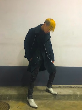 「ISAMU KATAYAMA BACKLASH（イサムカタヤマバックラッシュ）のアイテム（ステンカラーコート）」を使った、yoshiaki matsufujiさん（メンズ・165cm）の冬コーディネート