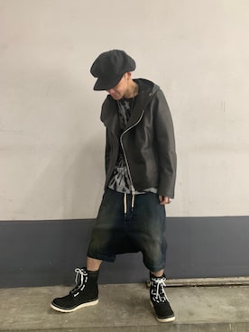 「ISAMU KATAYAMA BACKLASH（イサムカタヤマバックラッシュ）のアイテム（ライダースジャケット）」を使った、yoshiaki matsufujiさん（メンズ・165cm）の春コーディネート