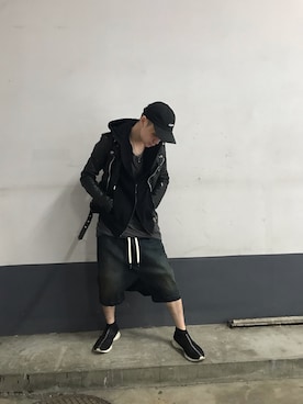 「ISAMU KATAYAMA BACKLASH（イサムカタヤマバックラッシュ）のアイテム（ライダースジャケット）」を使った、yoshiaki matsufujiさん（メンズ・165cm）の春コーディネート