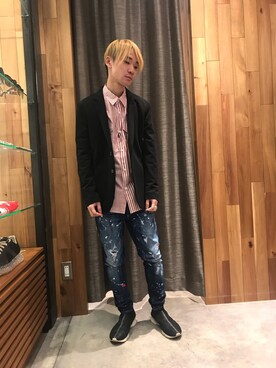 「アイテム（デニムパンツ、レッド系）」を使った、yoshiaki matsufujiさん（メンズ・165cm）の春コーディネート