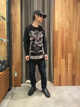 「ISAMU KATAYAMA BACKLASH（イサムカタヤマバックラッシュ）のアイテム（シューズ）」を使った、yoshiaki matsufujiさん（メンズ・165cm）の冬コーディネート
