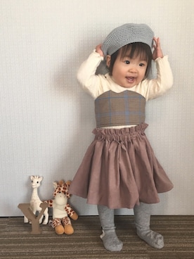「くすみピンク」｜「アイテム（ハンチング/ベレー帽）」を使った、ゆづたんさん（キッズ・70cm）の冬コーディネート