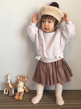 「くすみピンク」｜「アイテム（ハンチング/ベレー帽）」を使った、ゆづたんさん（キッズ・70cm）の冬コーディネート