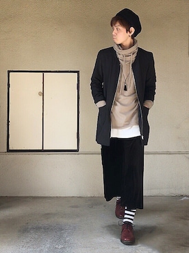 「ノーカラー」｜「アイテム（ハンチング/ベレー帽）」を使った、サマルさん（メンズ・175cm）の冬コーディネート