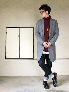 「ボーダーソックス」｜「アイテム（チェスターコート）」を使った、サマルさん（メンズ・175cm）の秋コーディネート