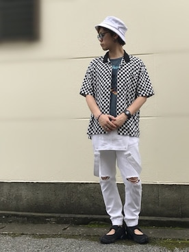 「黒サンダル」｜「アイテム（オールインワン・サロペット）」を使った、サマルさん（メンズ・175cm）の夏コーディネート