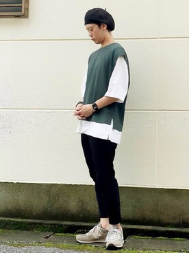 「アンクルパンツ」｜「アイテム（ハンチング/ベレー帽）」を使った、サマルさん（メンズ・175cm）の秋コーディネート