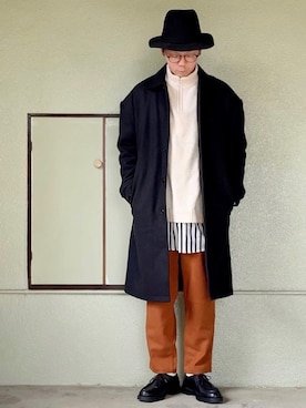 「ツバ広ハット」｜「アイテム（ステンカラーコート）」を使った、サマルさん（メンズ・175cm）の冬コーディネート