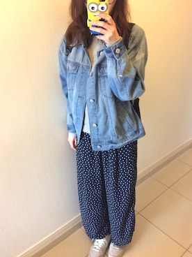 「ドットパンツ」｜「アイテム（デニムジャケット）」を使った、haruさん（レディース・156cm）の春コーディネート