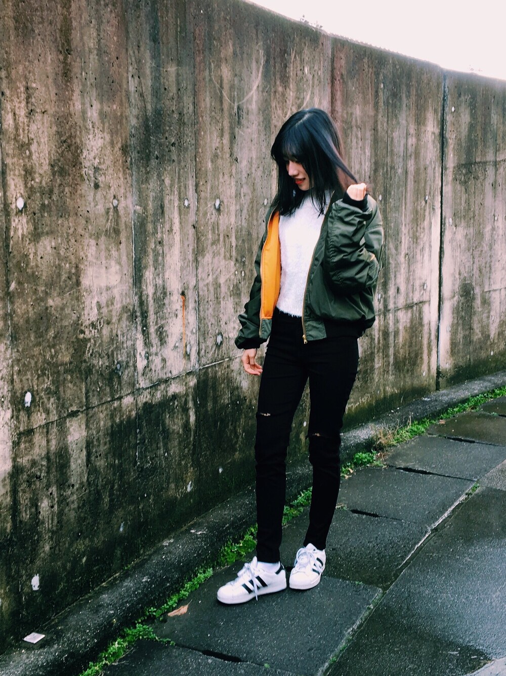 「へザー」｜「MOUSSYのアイテム（ブルゾン、グリーン系）」を使った、yuuさん（レディース・164cm）の冬コーディネートの1枚目の写真