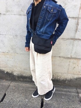 「GU（ジーユー）のアイテム（デニムジャケット、ブルー系）」を使った、F016さん（レディース・158cm）の春コーディネート