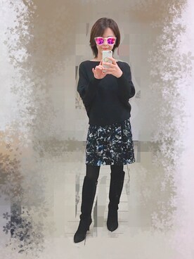 「DHOLIC（ディーホリック）のアイテム（ニット/セーター、ブラック系）」を使った、ｓｈｅさん（レディース・158cm）の秋コーディネート