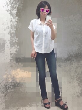 「健康サンダル（笑）のアイテム（サンダル、ブラック系）」を使った、ｓｈｅさん（レディース・158cm）の夏コーディネート