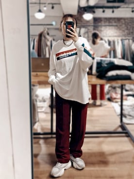 「Ungrid（アングリッド）のCollegedaleロゴロングスリーブTee（Tシャツ/カットソー）」を使った、HONAMI.mさん（レディース・158cm）の秋コーディネート