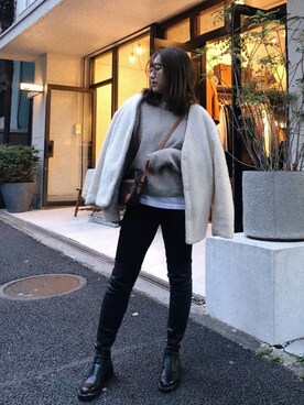 「Ungrid（アングリッド）のハイウエストスキニーデニム（デニムパンツ）」を使った、HONAMI.mさん（レディース・158cm）の冬コーディネート